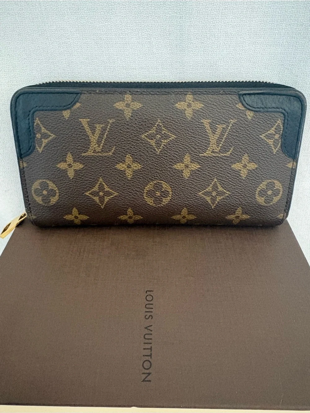Louis Vuitton Monogram Zip Wallet in Brown with Black Trim Retiro Noir, box, bag